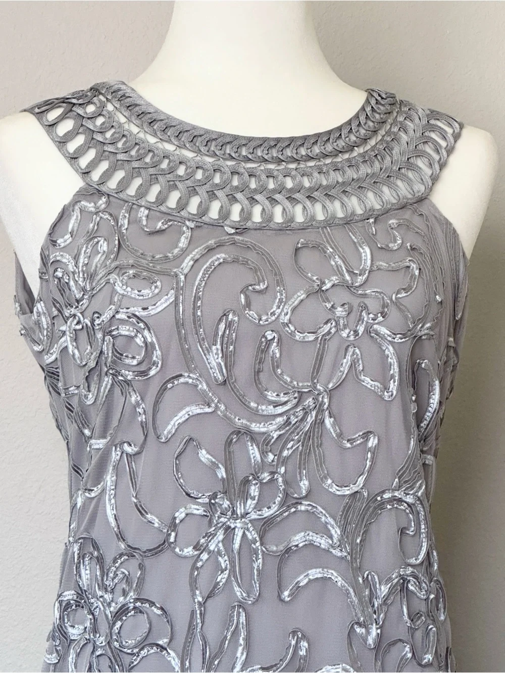 Jessica Howard Silver Sequin Lace Metallic Cocktail Sheath Dress Size 6 - Picture 3 of 7